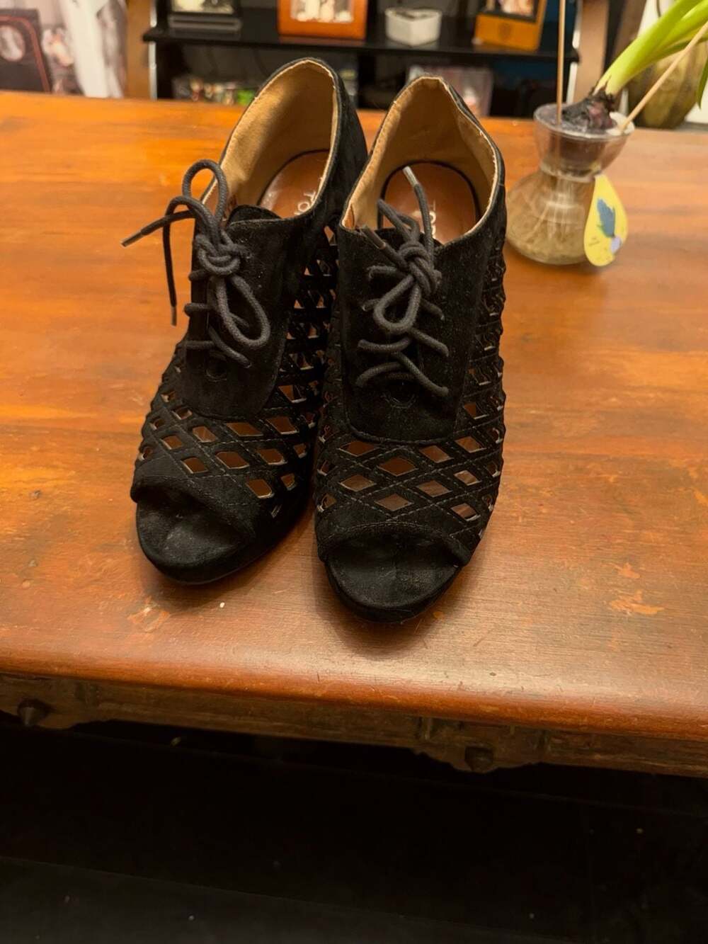 Torrid Black Faux Suede Lace-Up Laser Cut-Out Peep Toe Platform Heels